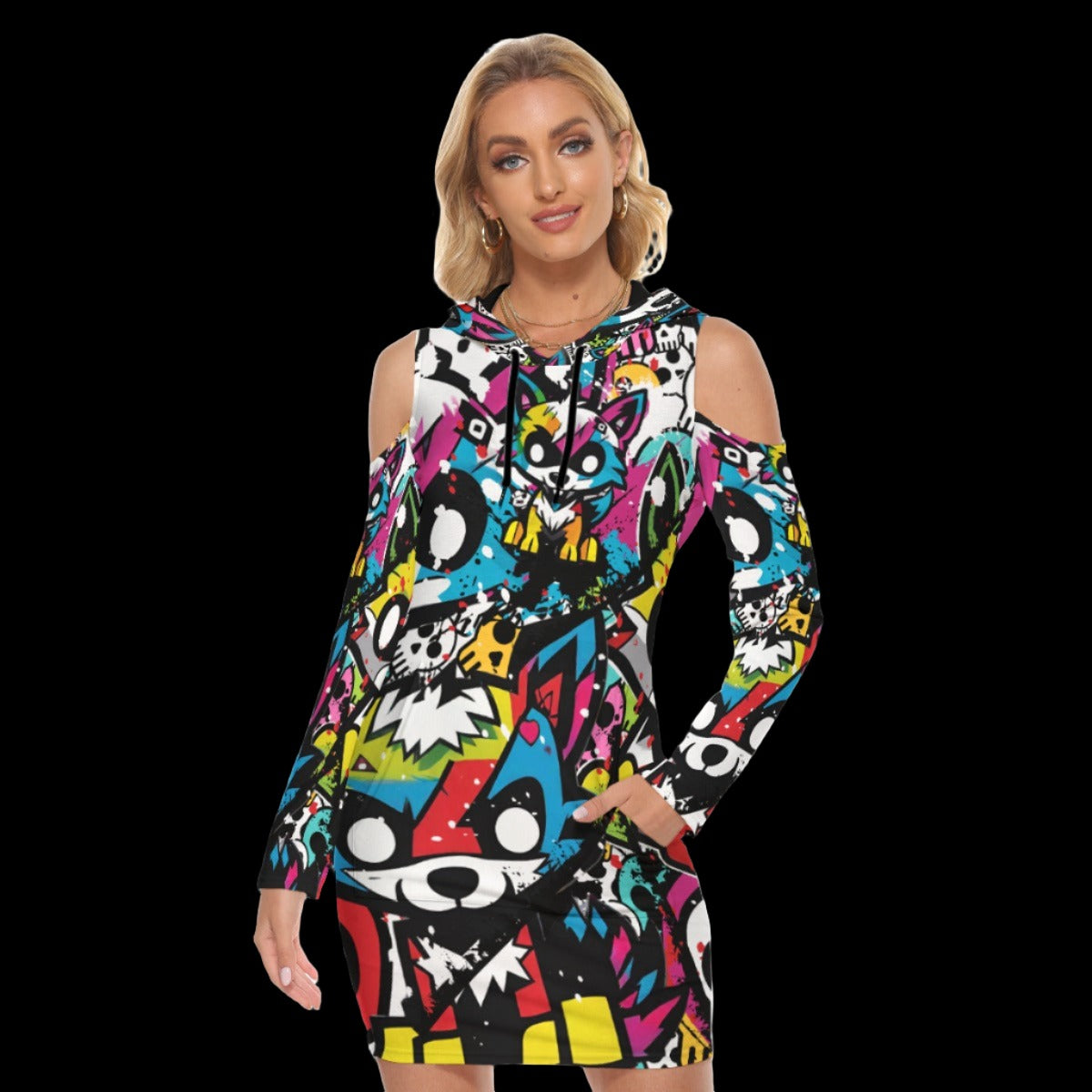 Wolf Street Art Open Shoulder Hoodie Dress