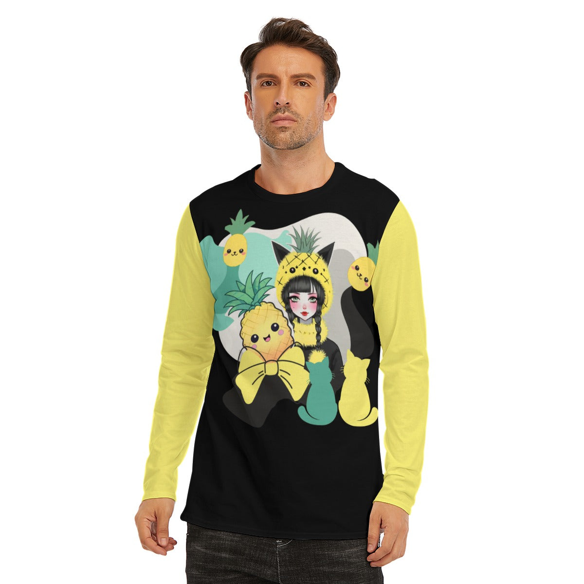 Kawaii Pineapple Neko Girl Long Sleeve T-Shirt | Unisex - XS / White