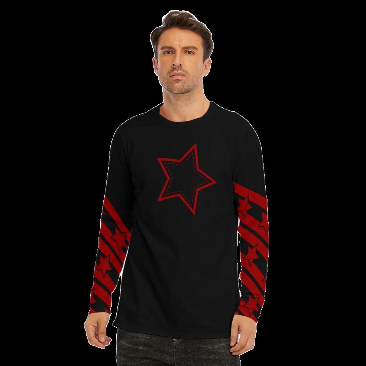 Crimson Red Stripes and Star Long Sleeve T-Shirt | 190GSM Cotton - XS / White