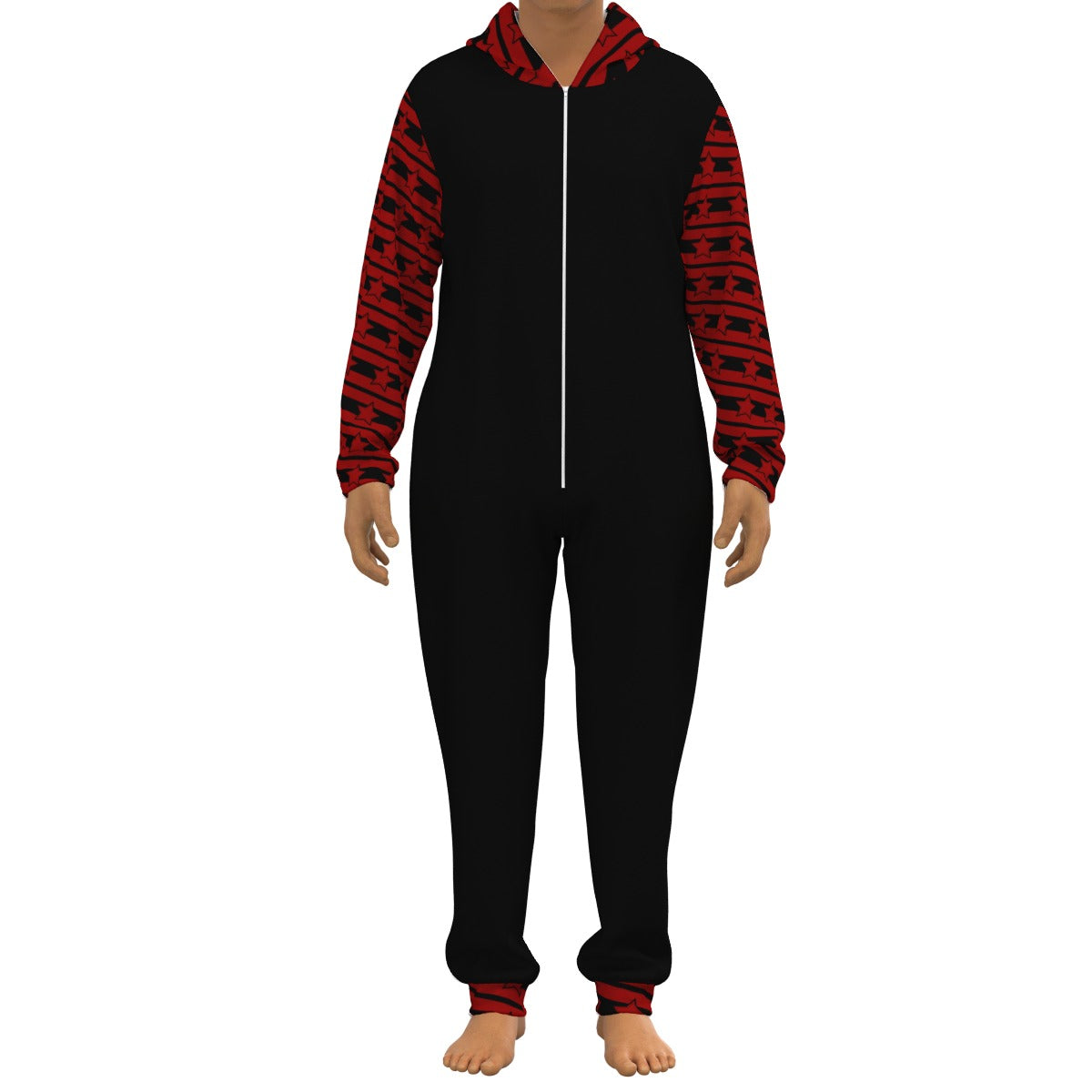 Red Punk Star Striped Adult Unisex Fleece Onesie Jumpsuit - S / White