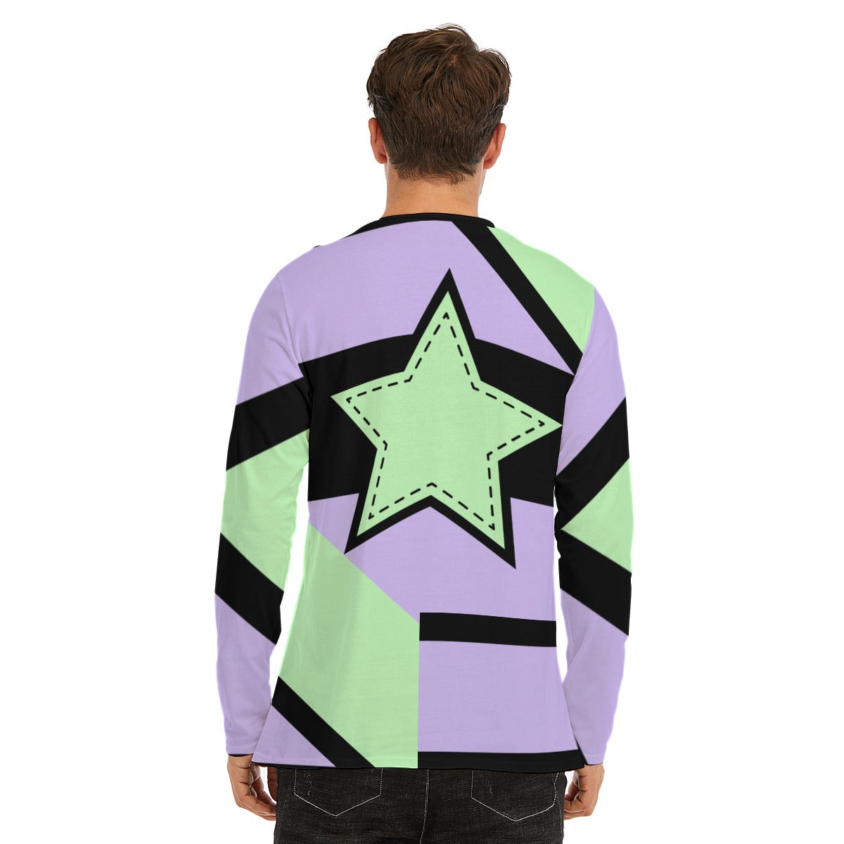 Asymmetrical Green and Purple Pastel Star Long Sleeve T-Shirt | Unisex