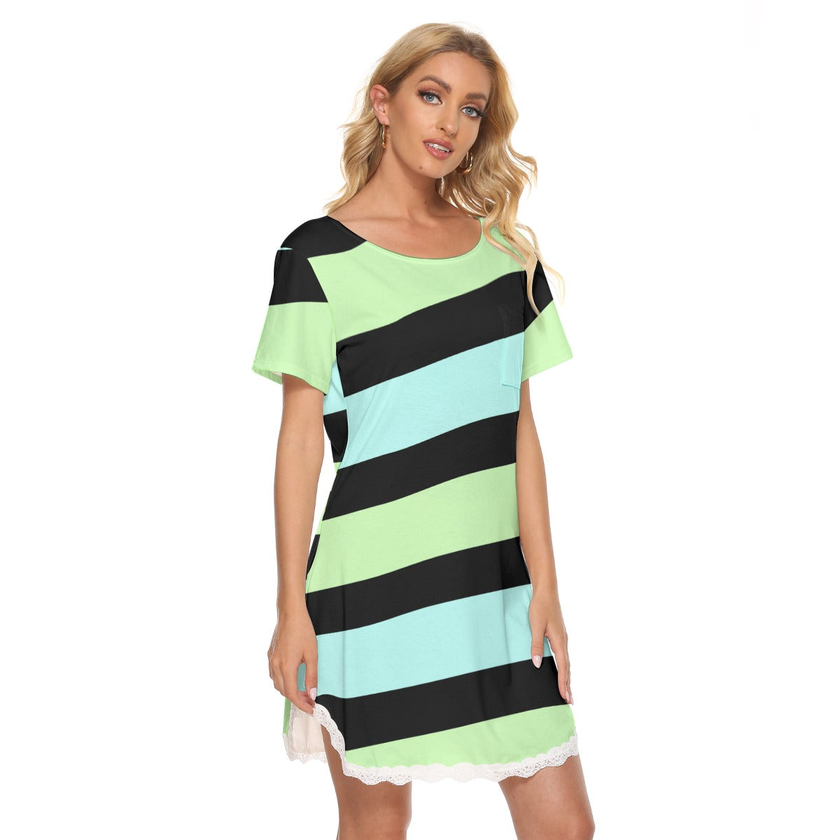 Striped Pastel Women's Dress With Lace Edge - Green / Blue - Pastel Goth Minimalist