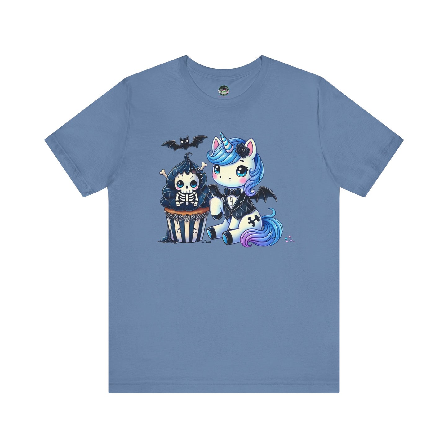 Pastel Goth T-shirt - Blue Unicorn & Skull Cupcake