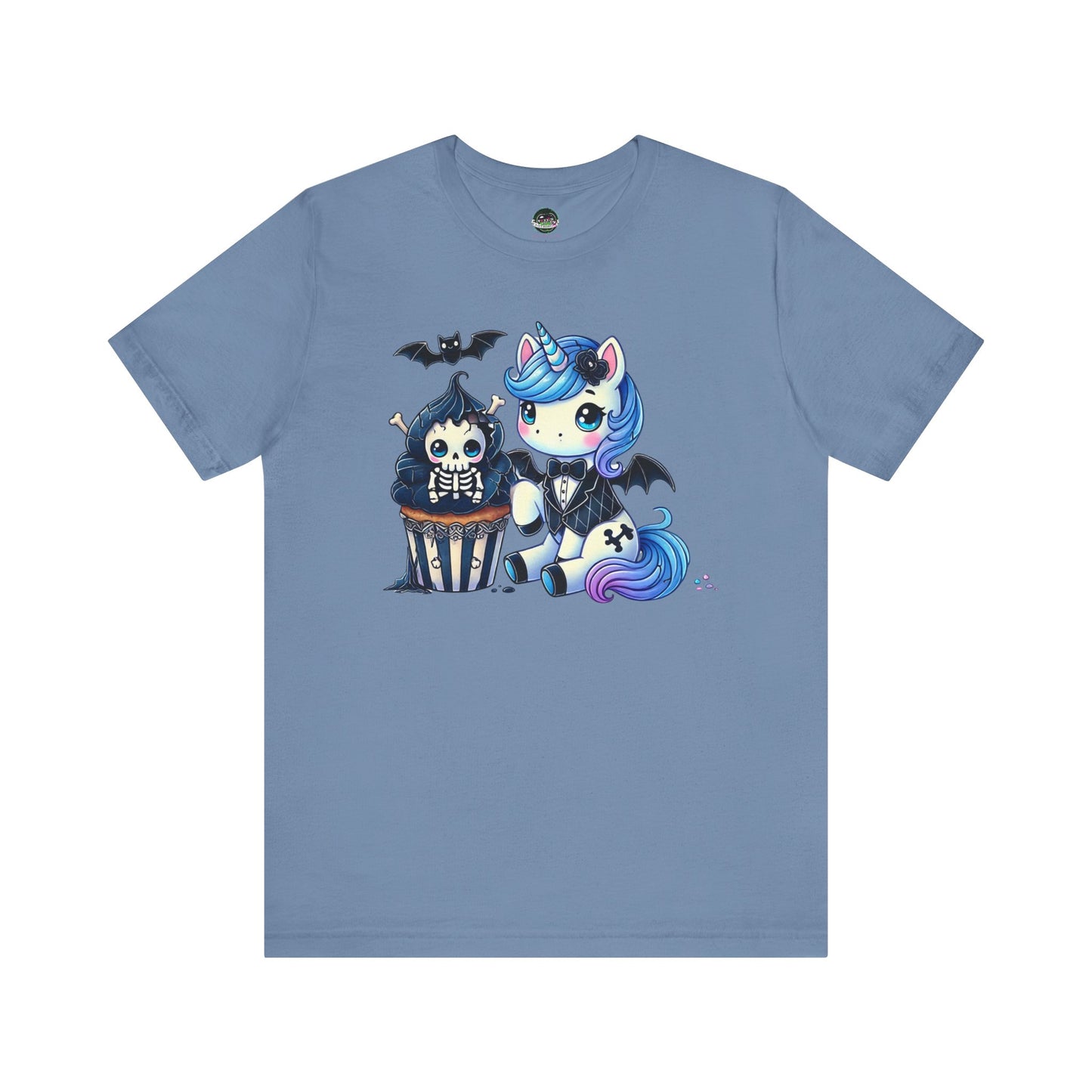 Pastel Goth T-shirt - Blue Unicorn & Skull Cupcake