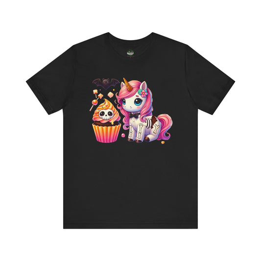 Pastel Goth T-shirt - Orange Skeleton Unicorn & Cupcake