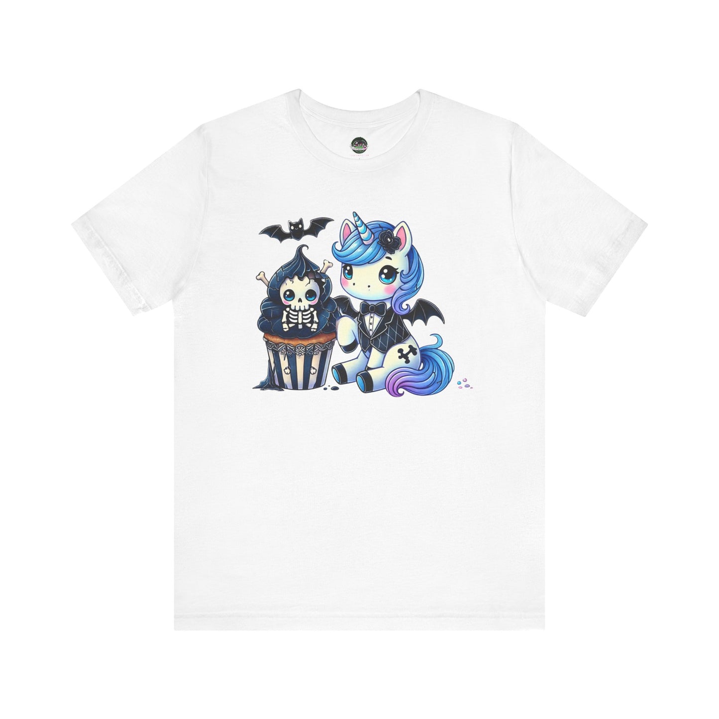 Pastel Goth T-shirt - Blue Unicorn & Skull Cupcake