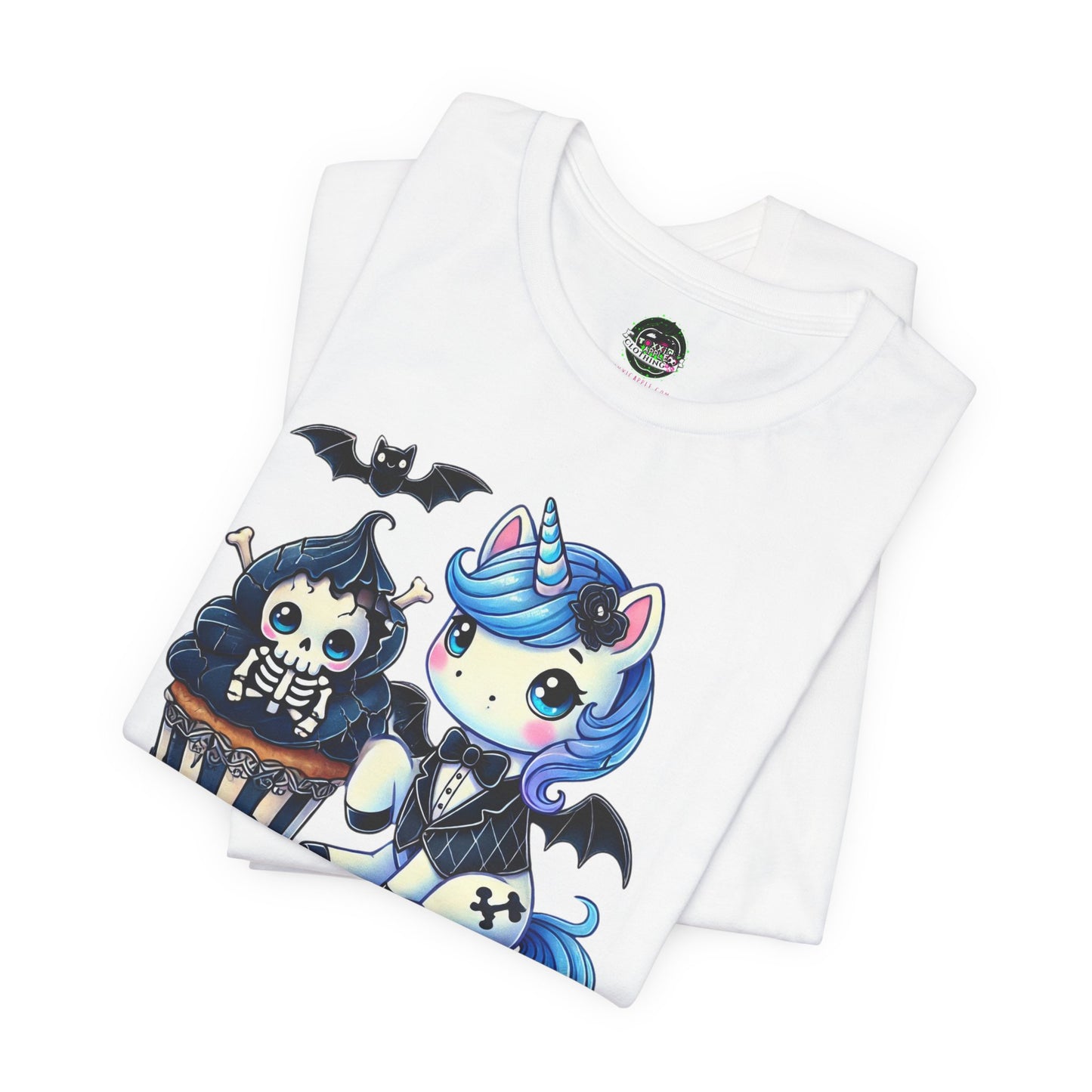 Pastel Goth T-shirt - Blue Unicorn & Skull Cupcake