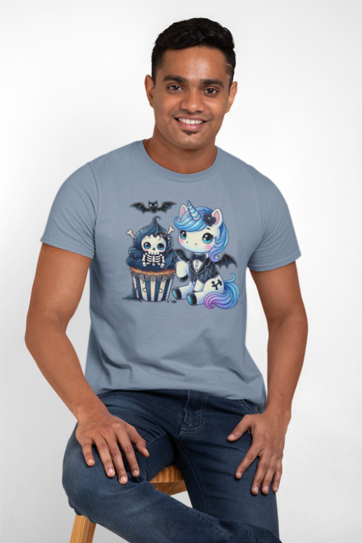 Pastel Goth T-shirt - Blue Unicorn & Skull Cupcake