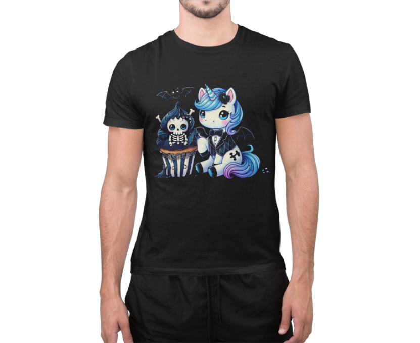 Pastel Goth T-shirt - Blue Unicorn & Skull Cupcake