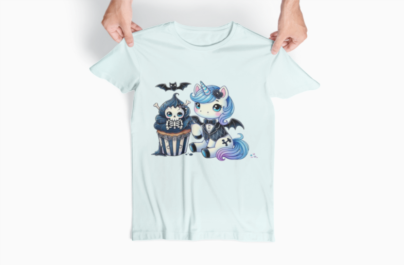 Pastel Goth T-shirt - Blue Unicorn & Skull Cupcake