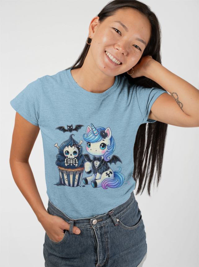 Pastel Goth T-shirt - Blue Unicorn & Skull Cupcake