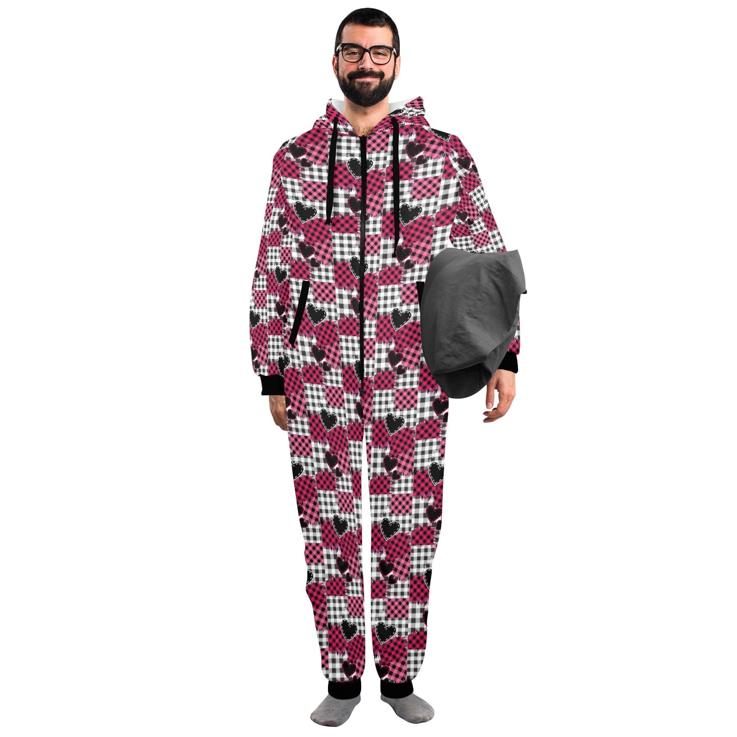 Pink Heart Plaid Hooded Onesie Pajamas for Adults