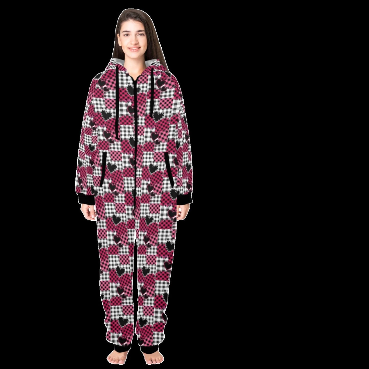 Pink Heart Plaid Hooded Onesie Pajamas for Adults