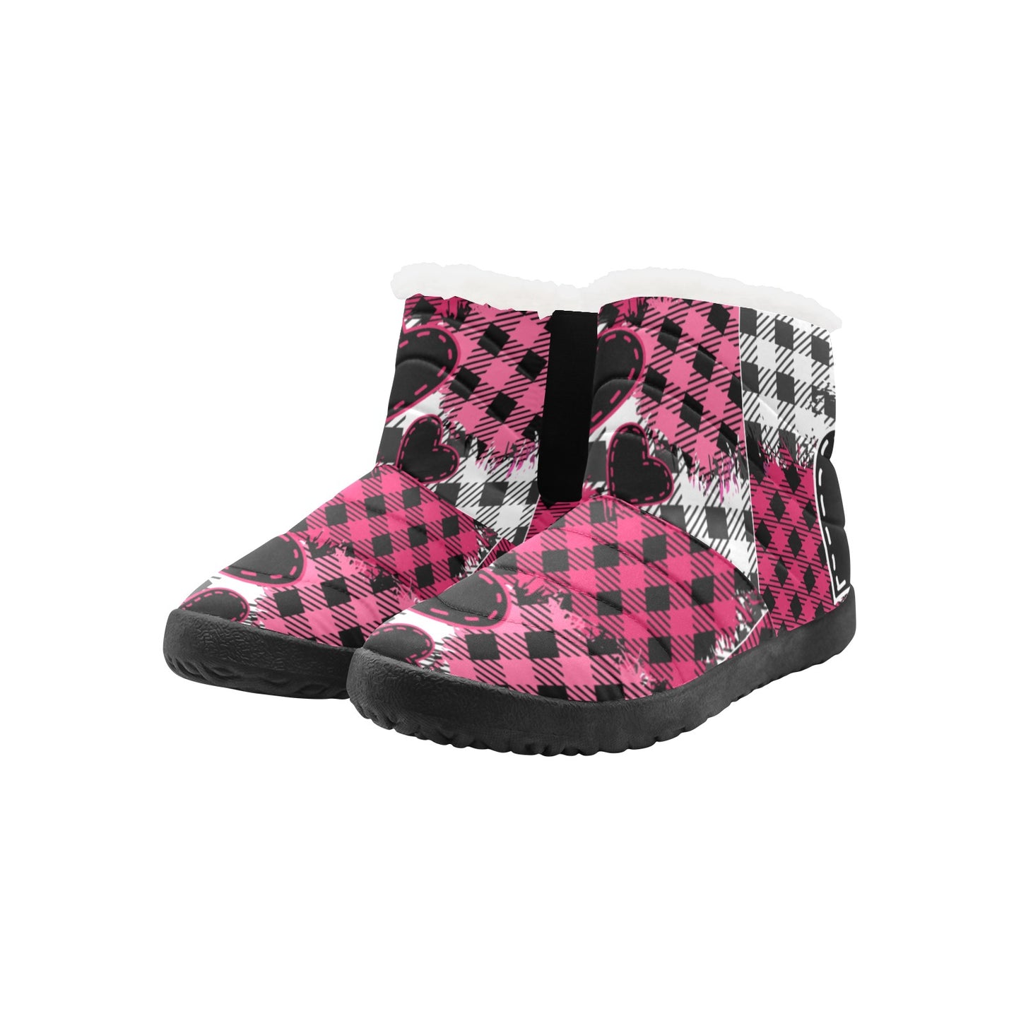 Plaid Patchwork Boots - Pink Heart