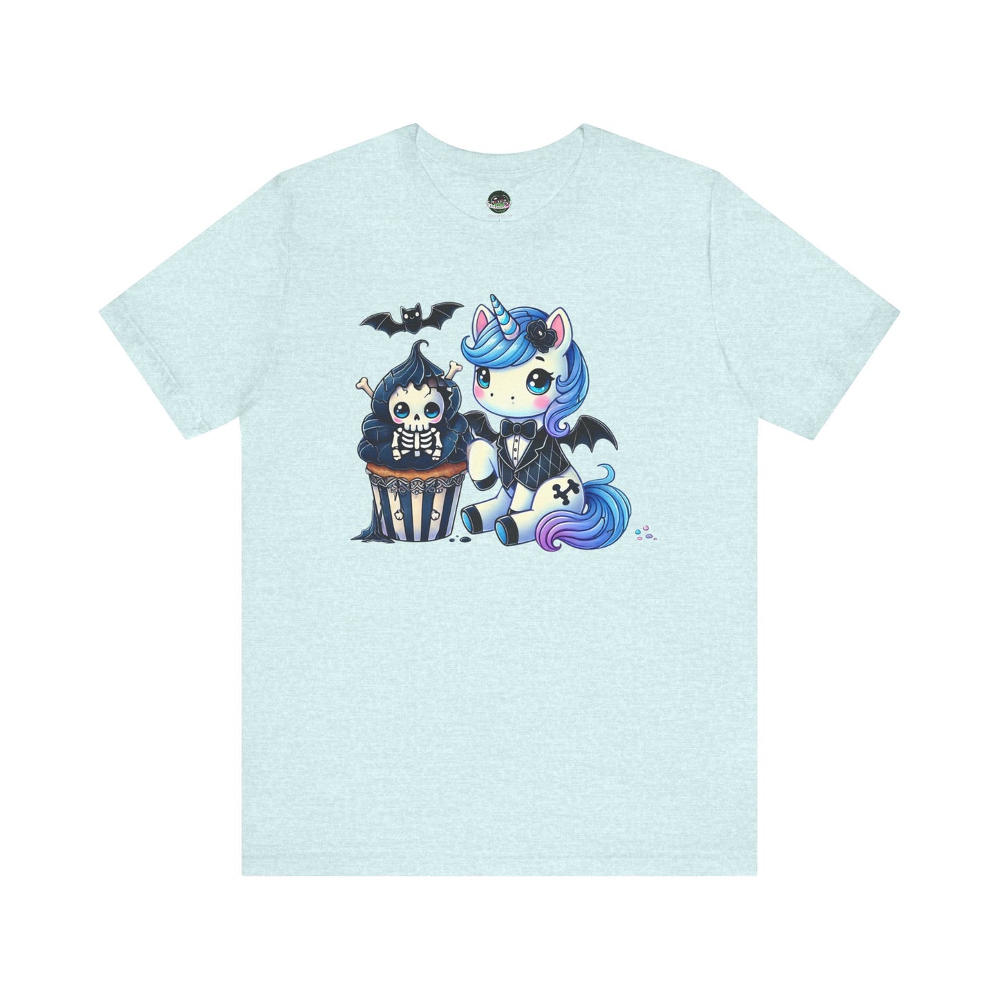 Pastel Goth T-shirt - Blue Unicorn & Skull Cupcake