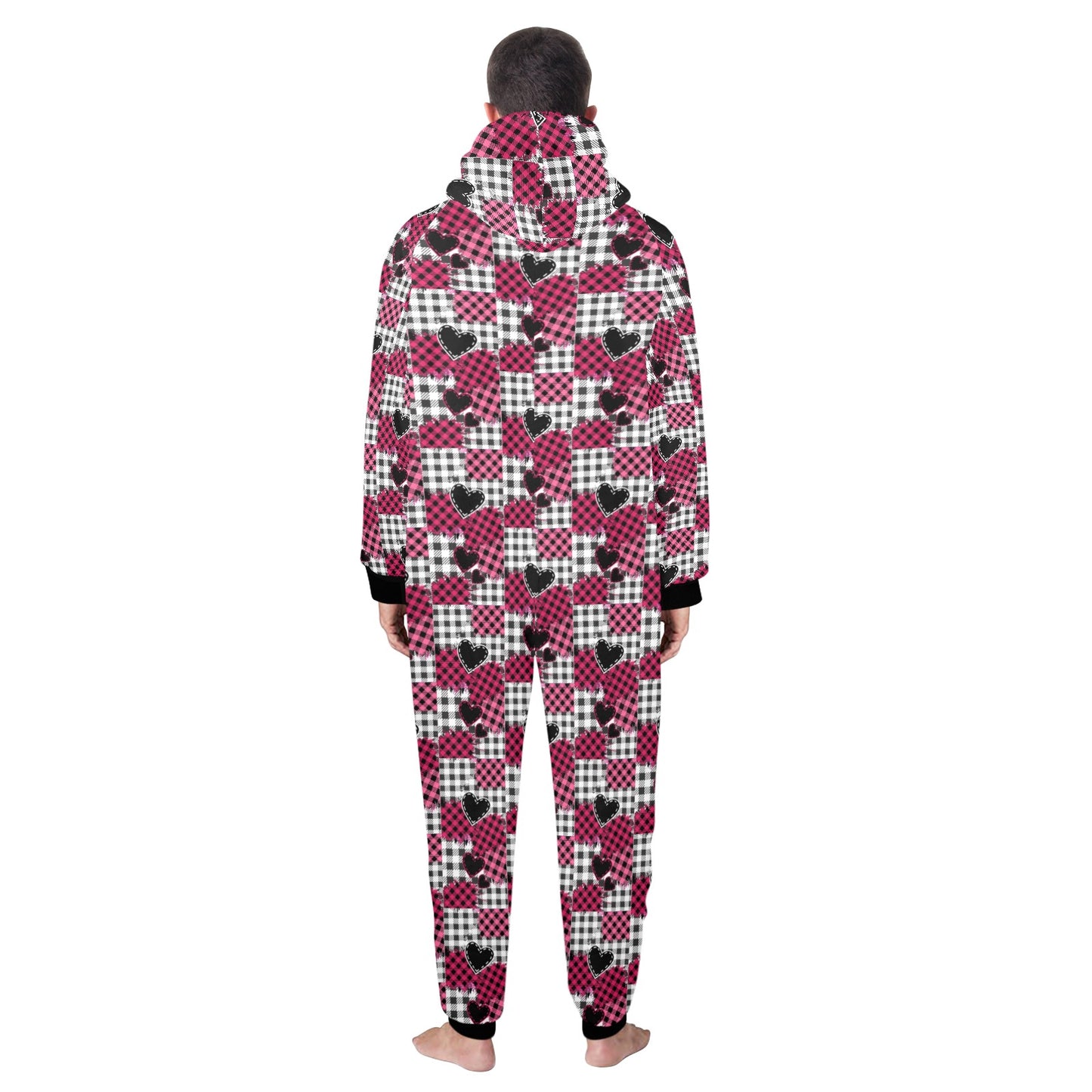 Pink Heart Plaid Hooded Onesie Pajamas for Adults