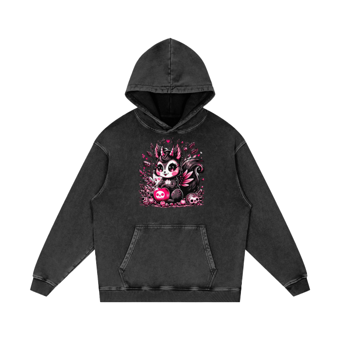 Kawaii Goth Squirrel Toxxic Apple Acid Wash Oversize Hoodie - Unisex - Black Beauty / S