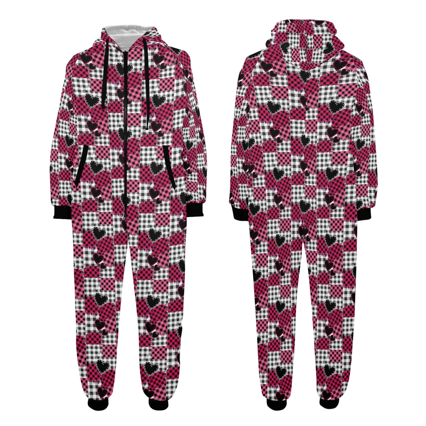 Pink Heart Plaid Hooded Onesie Pajamas for Adults