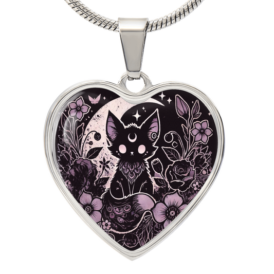 Kawaii Goth Personalized Necklace - Cat and Moon Heart Shaped