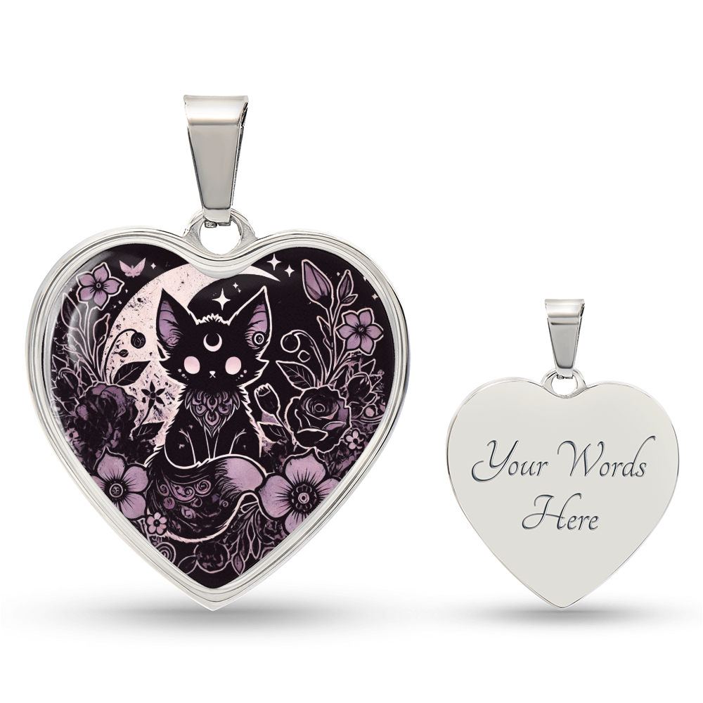 Kawaii Goth Personalized Necklace - Cat and Moon Heart Shaped