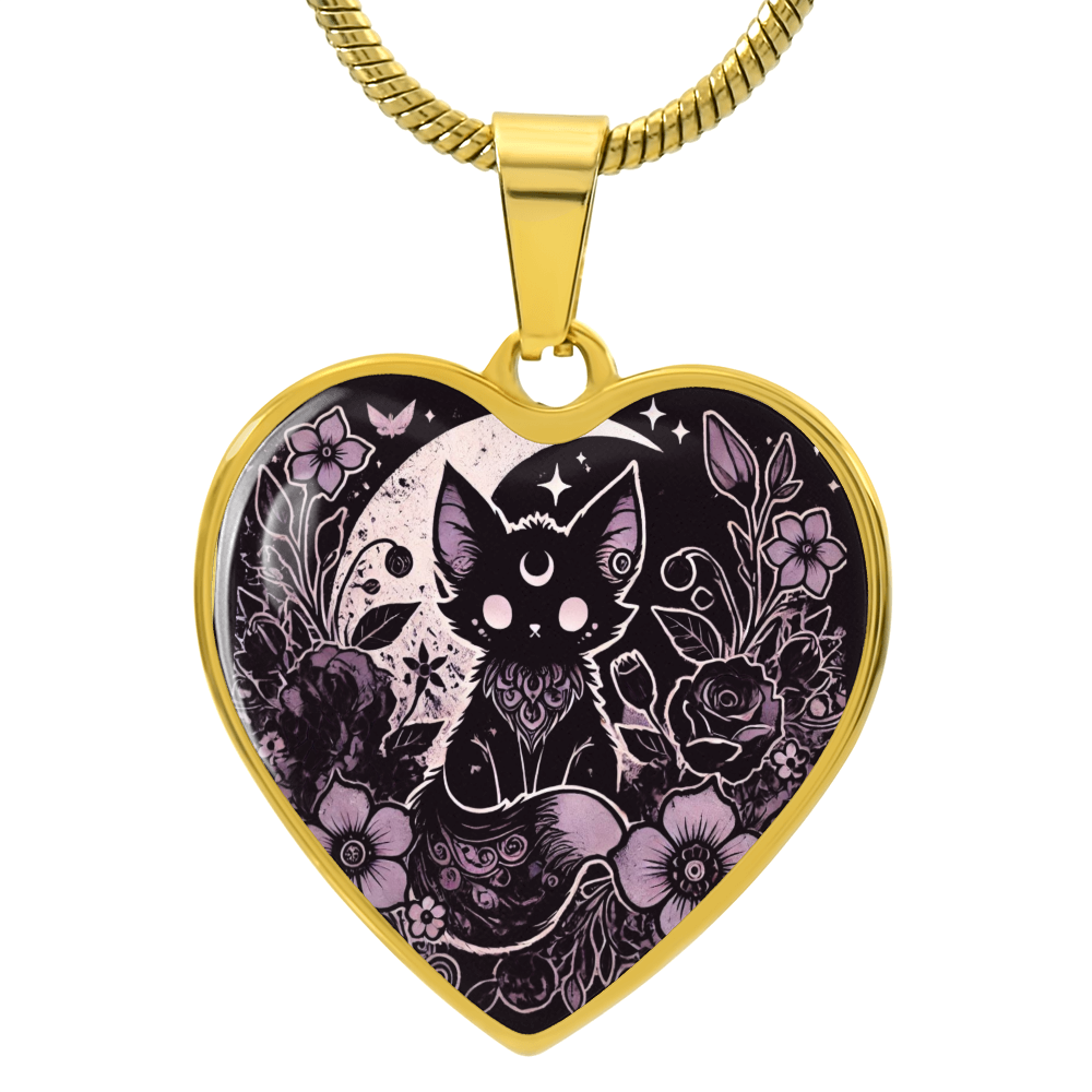 Kawaii Goth Personalized Necklace - Cat and Moon Heart Shaped