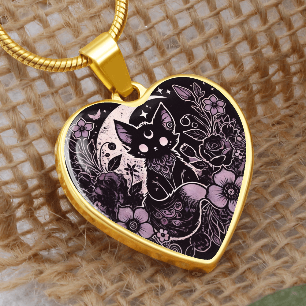 Kawaii Goth Personalized Necklace - Cat and Moon Heart Shaped