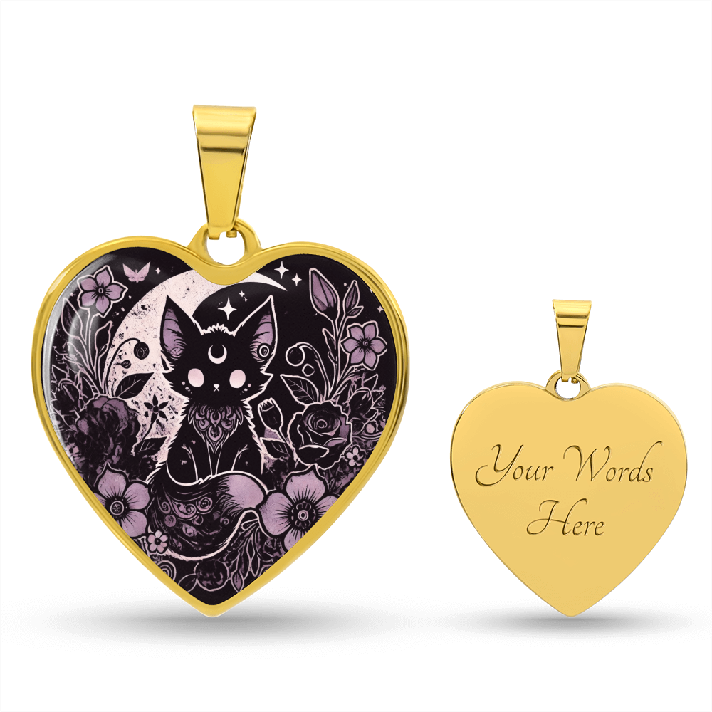 Kawaii Goth Personalized Necklace - Cat and Moon Heart Shaped