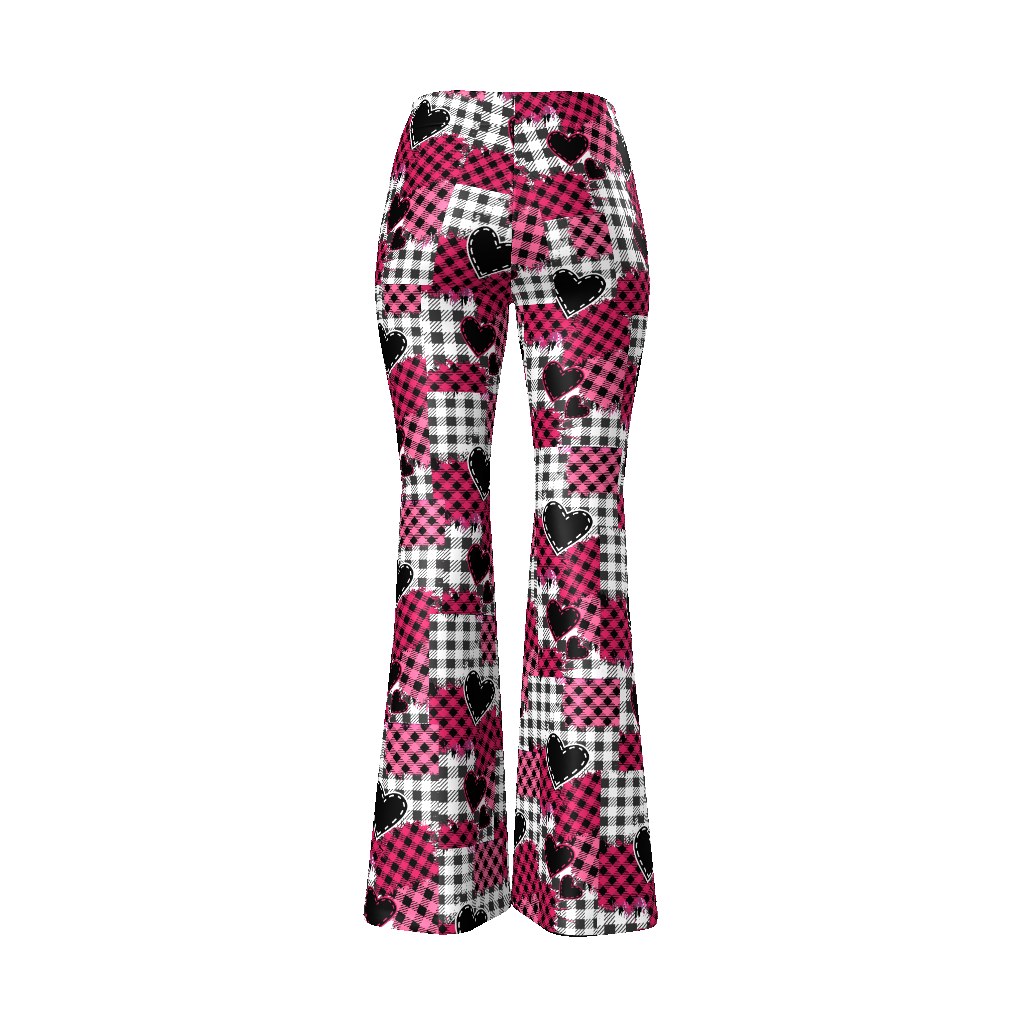 Pink Plaid Heart Patchwork Women’s Flare Leg Pants