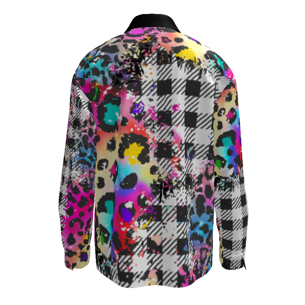 Rainbow Leopard Plaid Patchwork Button Down Long Sleeve Shirt Unisex