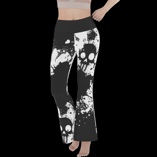 Black White Skull Splatter Women’s Flare Yoga Pants - S / White - yoga pants