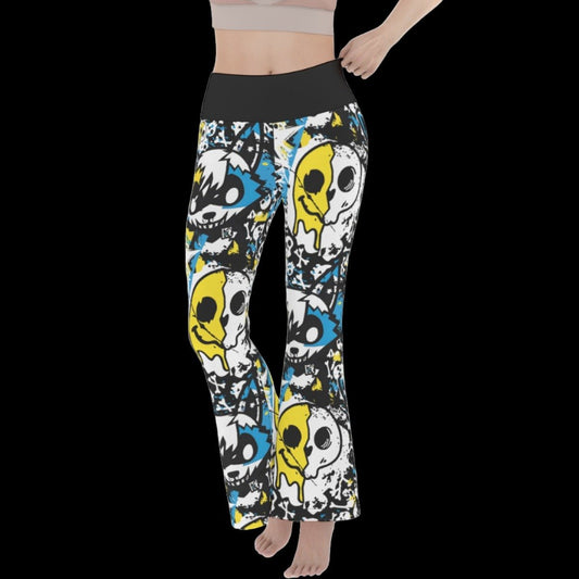 Blue & Yellow Graffiti Wolf Women’s Flare Yoga Pants - yoga pants