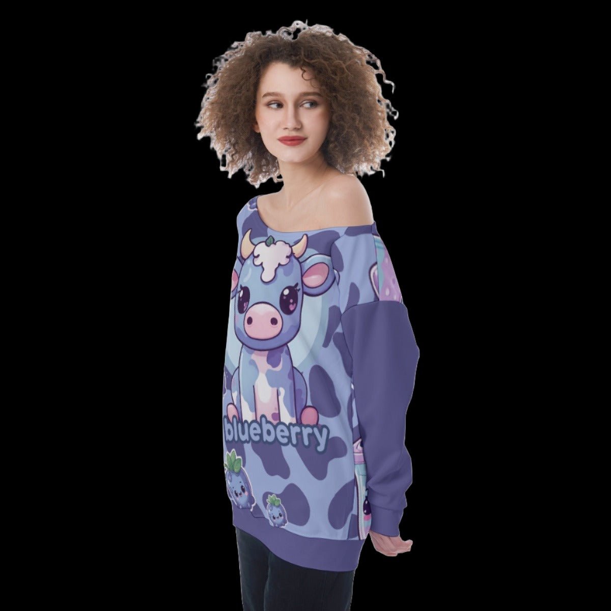 Blueberry Cow Oversized Women’s Off-Shoulder Sweatshirt