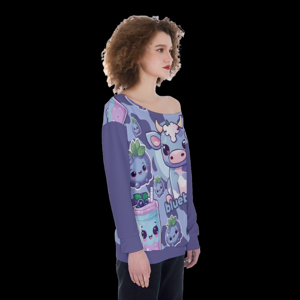 Blueberry Cow Oversized Women’s Off-Shoulder Sweatshirt