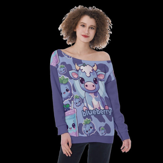 Blueberry Cow Oversized Women’s Off-Shoulder Sweatshirt - 2XS