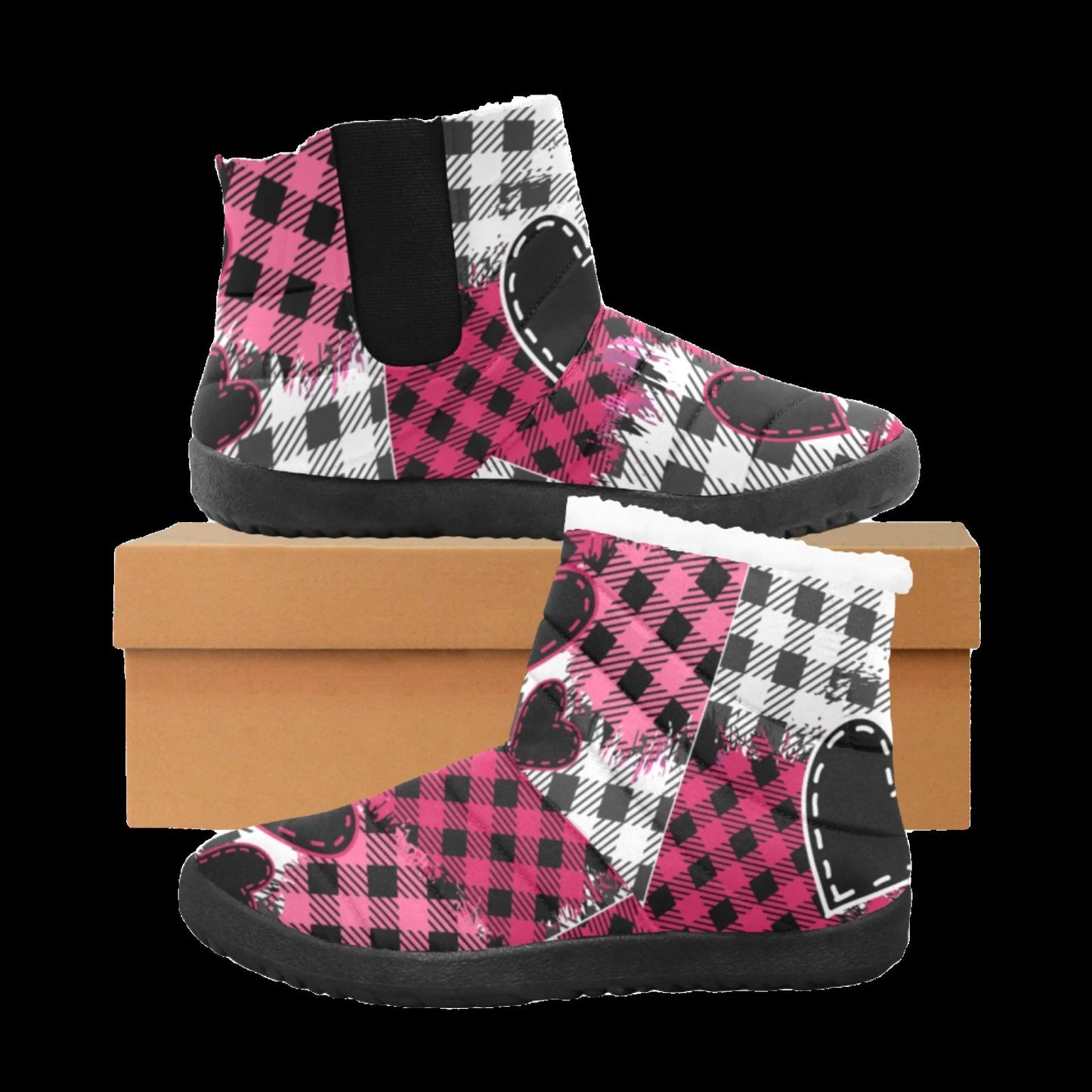 Plaid Patchwork Boots - Pink Heart