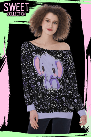 Elephant & Skull Print Oversized Women’s Off-Shoulder Sweatshirt