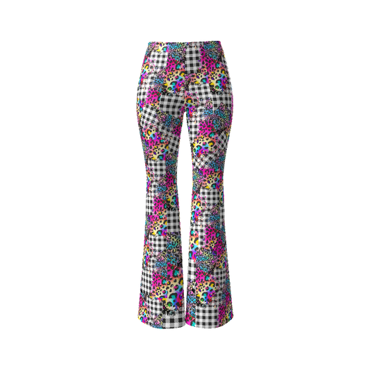 Rainbow Leopard Plaid Patchwork Women’s Flare Leg Pants