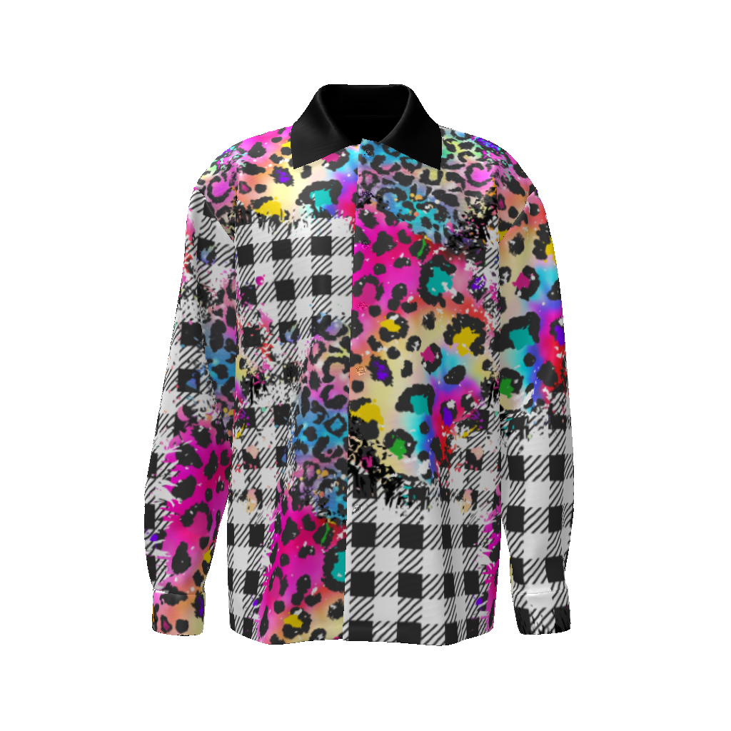 Rainbow Leopard Plaid Patchwork Button Down Long Sleeve Shirt Unisex