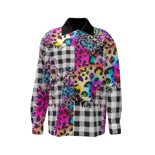 Rainbow Leopard Plaid Patchwork Button Down Long Sleeve Shirt Unisex