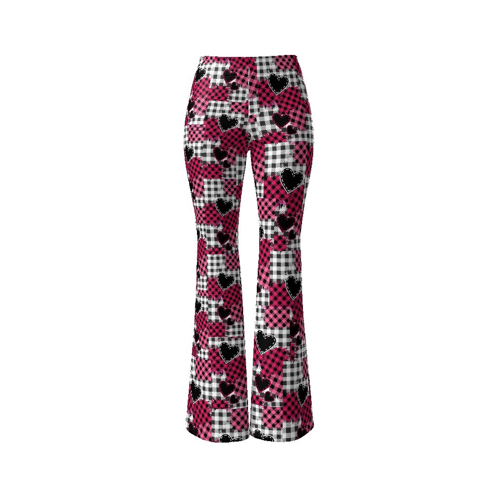 Pink Plaid Heart Patchwork Women’s Flare Leg Pants