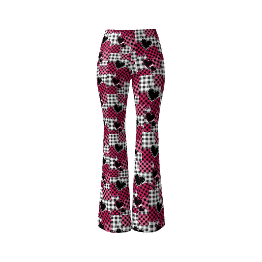 Pink Plaid Heart Patchwork Women’s Flare Leg Pants