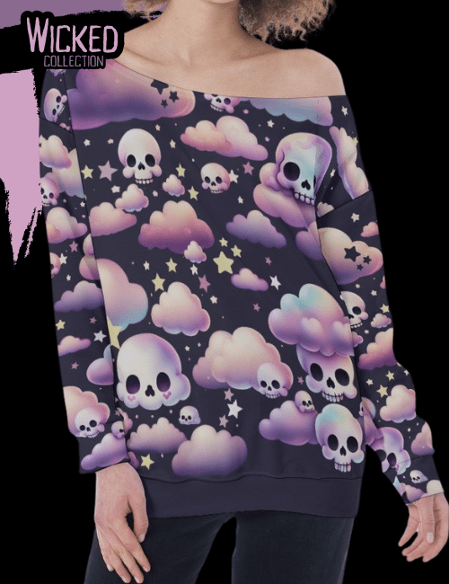 Kawaii Skull Night Sky Oversized Women’s Off-Shoulder Sweatshirt