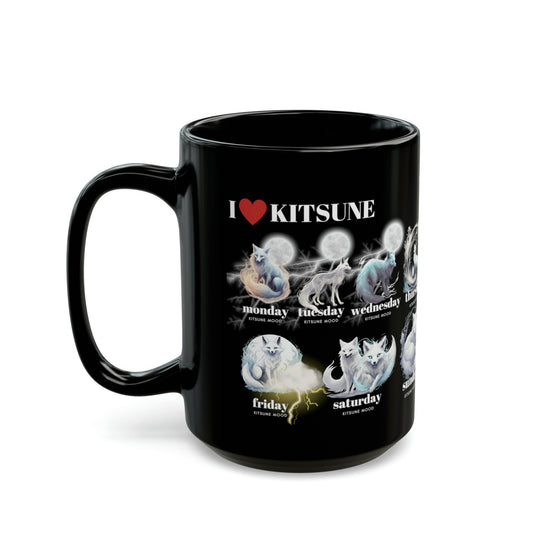 Kitsune Daily Mood / I Love Kitsune Black Mug (11oz 15oz) Toxic Apple Clothing Alternative Clothing for Adults