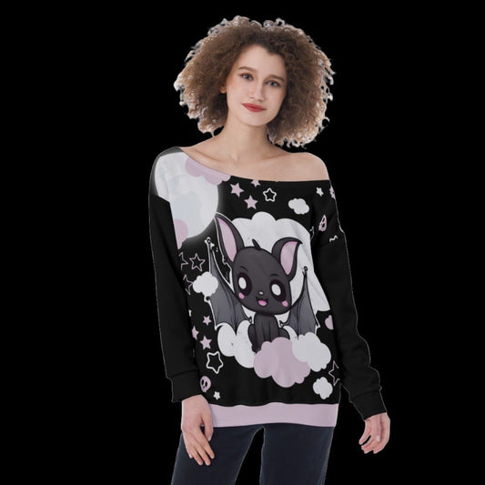 Pastel Goth Bat Starry Moonlight Women’s Off-Shoulder Sweatshirt - 2XS