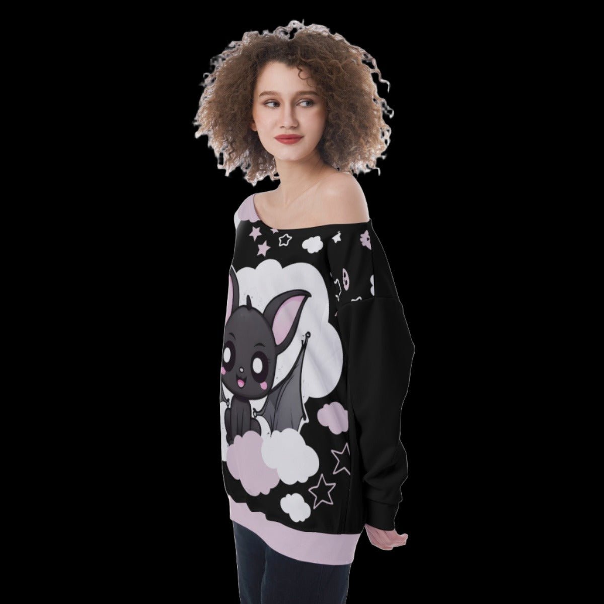 Pastel Goth Bat Starry Moonlight Women’s Off-Shoulder Sweatshirt