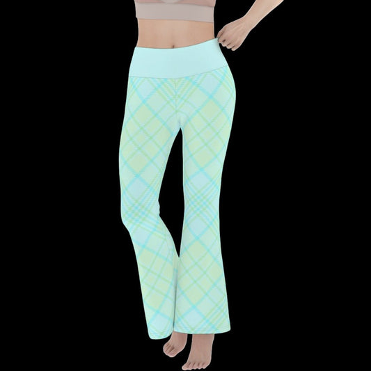 Pastel Green & Blue Plaid Women’s Flare Yoga Pants - S - yoga pants