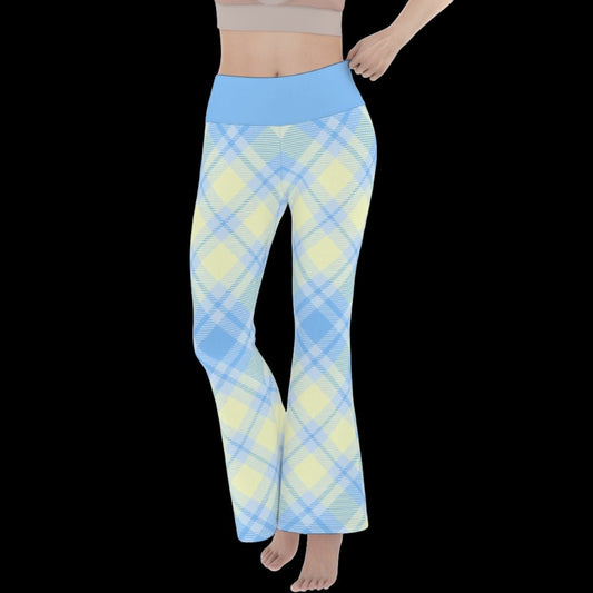 Pastel Yellow & Blue Plaid Women’s Flare Yoga Pants - yoga pants