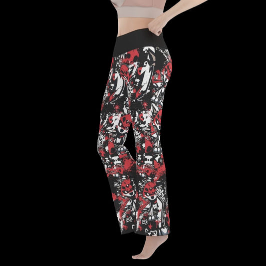 Red White Black Punk Wolf Graffiti Women’s Flare Yoga Pants - yoga pants