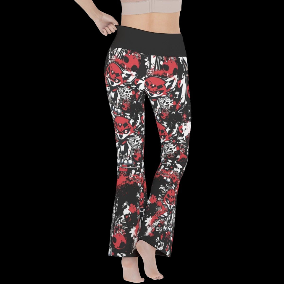 Red White Black Punk Wolf Graffiti Women’s Flare Yoga Pants - yoga pants