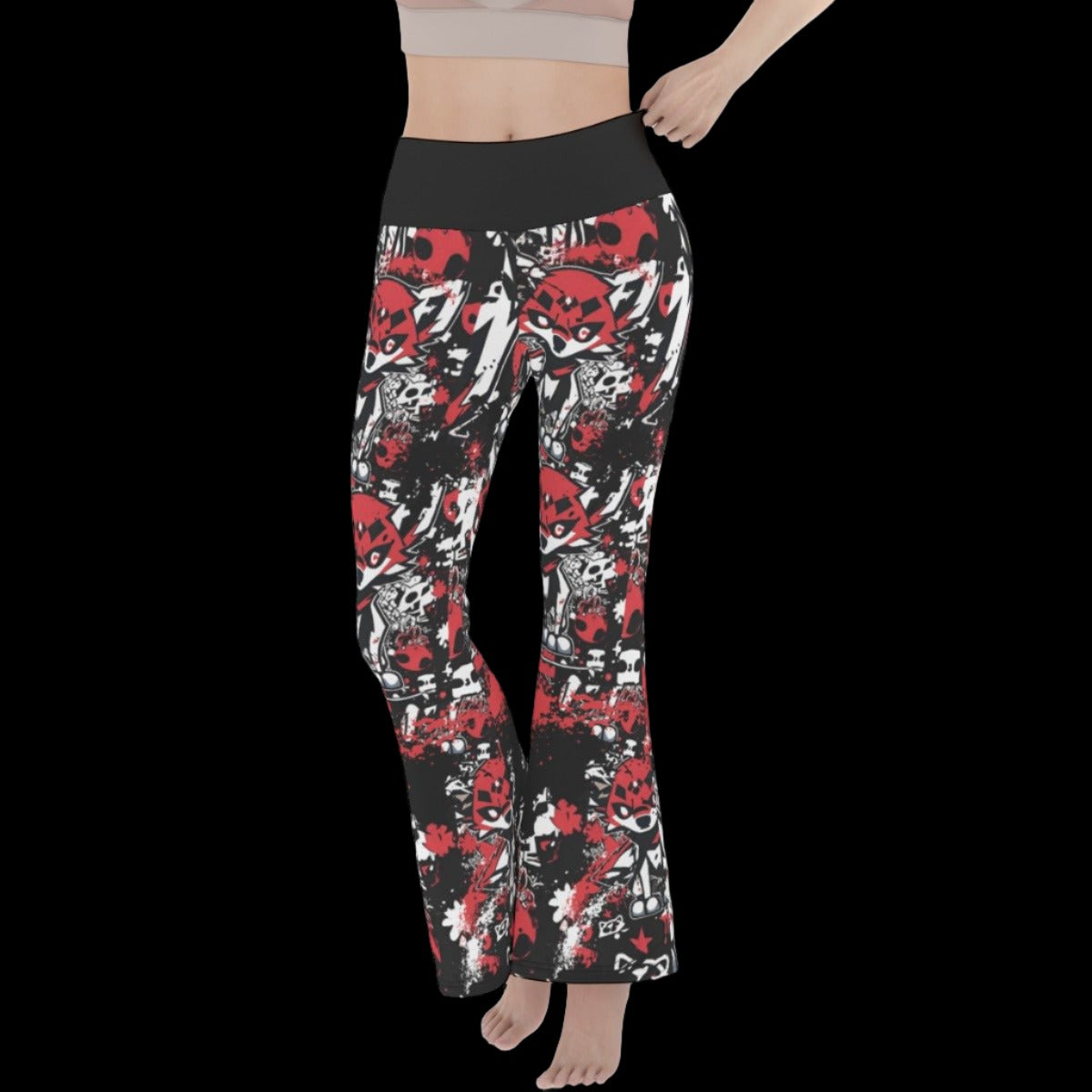 Red White Black Punk Wolf Graffiti Women’s Flare Yoga Pants - yoga pants